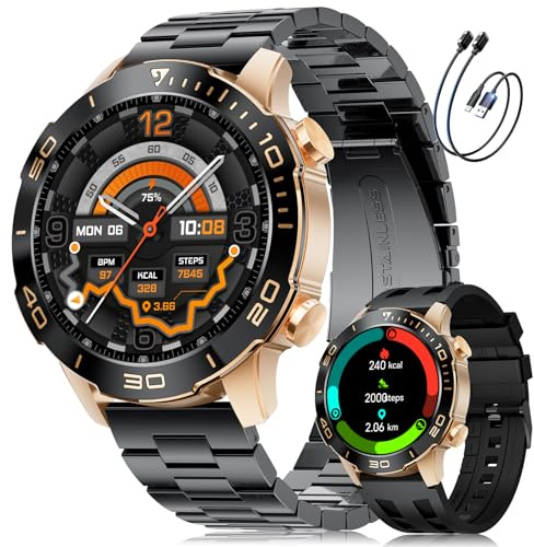 LIGE Reloj Inteligente Hombre, 1.43 AMOLED Smartwatch con 24/7 Frecuencia Cardíaca, SpO2, Duración del Sueño, A Prueba de Agua IP68, 170+ Deportes, 300+ Esfera, Caja Oro Rosa con Bisel Negro
