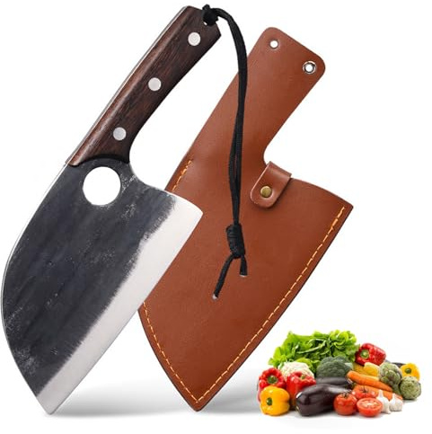 Fubinaty Chef's Knife 7 Inch Japanese Style Full Tang Kitchen Knife Handmade Forged High Carbon Steel Home Cooking Knife with Leather Sheath and Wooden Handle