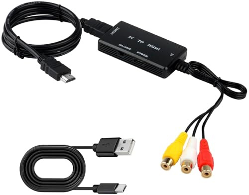 RCA to HDMI Converter with HDMI Cable, AV to HDMI Converter 1080P Mini Composite to HDM Adapter RCA Input HDM Output Video Audio Adapter for PS2 PS3 STB Xbox Sky VHS VCR DVD STB to View on HDTVs