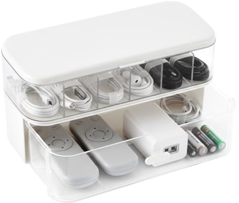 evergoods Dual Layer Charger Storage Box 7 Compartment Data Tidy Cable | Management Box, Cord Organizer Box for Desk - Holds Chargers Plastic Box for Charger Organiser (White , 8.9x3.7x4.9)
