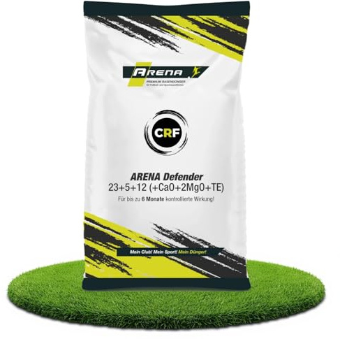 ARENA Rasendünger Defender CRF 20kg | bis 6 Monate Langzeitwirkung | umhüllter NPK Profi Rasen Langzeitdünger für Frühjahr & Sommer | extra fein und staubfrei | 23+5+12(+CaO+2MgO+TE)