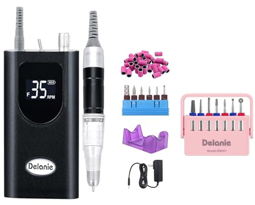 Delanie Ponceuse à Ongles Professionnelle 35000 RPM, lot avec Set de 7 Embouts de Ponçage 3/32 en Carbure de Tungstène & Diamant