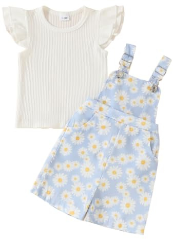 LUVCES Vestito estivo per bambina, con maniche a volant + pantaloncini a margherite, grazioso set di vestiti per bambini