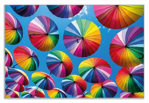 Wallario Frühstücksbrettchen aus Glas, Glasunterlage, Glasbrettchen Bunte Regenschirme vor blauem Himmel, Größe 20 x 30 cm, Sicherheitsglas