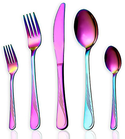 HOMQUEN 30-teiliges Regenbogen-Farbe-Geschirr-Set, Edelstahl-Titan-buntes überzogenes Tischbesteck, Tafelsilber-Service für 6