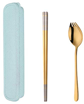 SBOMHS Edelstahl Leicht Campingbesteck set Gold 1 person Reisebesteck für Outdoor Picknick, 1 Göffel und 1 Paar Essstäbchen mit 1 grün Besteckkasten