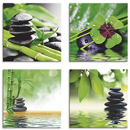 ARTLAND Wanddeko Wellness Bilder Leinwand Bilder Set 4tlg. je 30x30 cm Quadratisch Wandbilder Glücksklee Zen Stein Pyramide Wasser S6MG