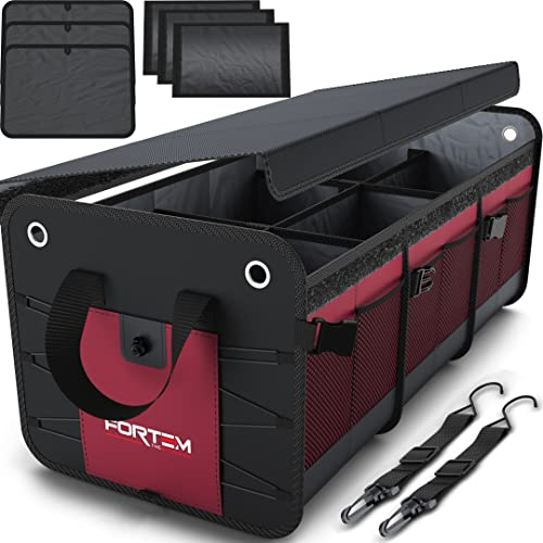 FORTEM Kofferraum Organizer, Kofferraumtasche, Zusammenklappbarer Auto Organizer Kofferraum mit Fächern, Rutschfester Boden, Verstellbare Sicherungsriemen, Klappbarer Deckel (Rot, Extragroß)