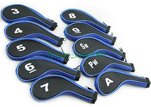 TOHMLAPE 10pcs Number print Long Neck Golf Club Iron Covers Head Covers Set with Zipper for Irons Callaway Ping,Black/Blue