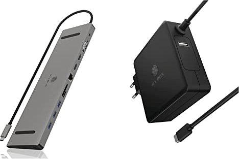 ICY BOX USB-C Docking Station für Windows mit 2 HDMI & ICY BOX 90W USB-C Netzteil für Power Delivery Ladefunktion