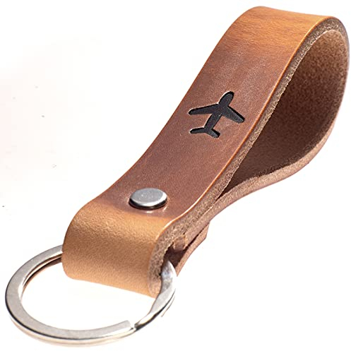 ELBERCRAFT® Schlüsselanhänger Leder Flugzeug Geschenk für Frauen oder Männer pflanzlich gegerbt braun mit gravur schwarz 12 cm made in Germany Leather Keychain