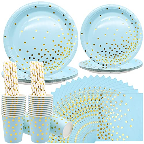 FORYNXHWIN 80Pcs Blue and Gold Party Supplies Set, Golden Dot Party Tableware, Includes Paper Plates, Paper Cups, Straws, Napkins, for Baby Showers Boy Birthdays Weddings - 20 Guests