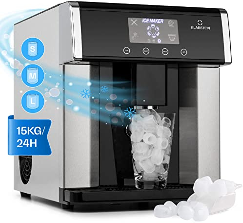 Klarstein Maquina de Hielo para Casa 3L, Ice Maker Encimera 15 kg, Maquina para Hacer Cubitos de Hielo 3 Tamaños, Doméstica para Casa con Panel Táctil y Sistema Fácil Limpieza, Función Rápida