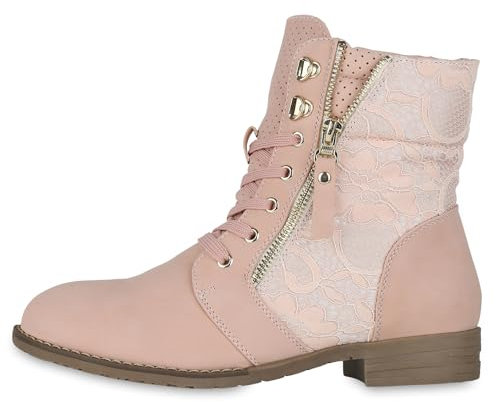 VAN HILL Damen Schnürstiefeletten Spitze Stiefeletten Zipper Worker Boot 179131 Rosa 40