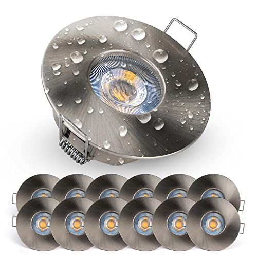 EMOS Emos 5 W LED IP44 Badezimmer-Deckenleuchten 3000 K – 240 V LED-kompatibel – Nickel-Deckenspot-Downlight mit Schutzart IP44 für Küche und Schlafzimmer – 12 Stück