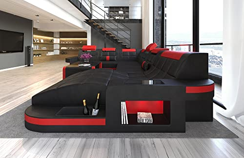 Wohnlandschaft Wave XXL Sofa U Form in Leder - mit LED Beleuchtung, verstellbare Kopfstützen, Recamiere/Lederfarben wählbar/Ausrichtung wählbar (Ottomane rechts, Schwarz-Rot)