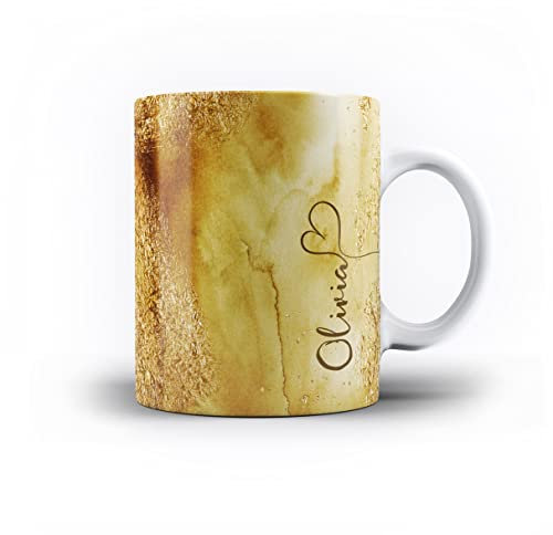 iCaseDesigner Personalised Agate Watercolour Marble Name with Heart 11oz Ceramic Mug - 16. Golden Watercolour Vertical Name
