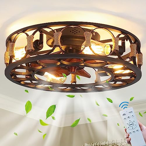 TRUYOK Rattan Deckenventilator mit Beleuchtung E27 Boho Deckenleuchte mit Ventilator und Fernbedienung Eisen Käfig Vintage Industrial Deckenlampe für Schlafzimmer Wohnzimmer Esszimmer Küche Fan Licht
