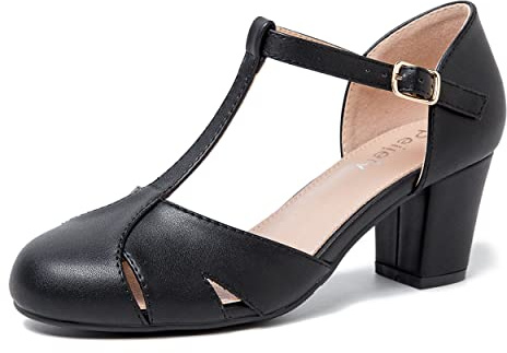 Women's T-Strap Block Heel Pumps, Ankle Buckle Closure, Classic Cut Out Round Toe Dress Shoes Matte Black 41 - US 9