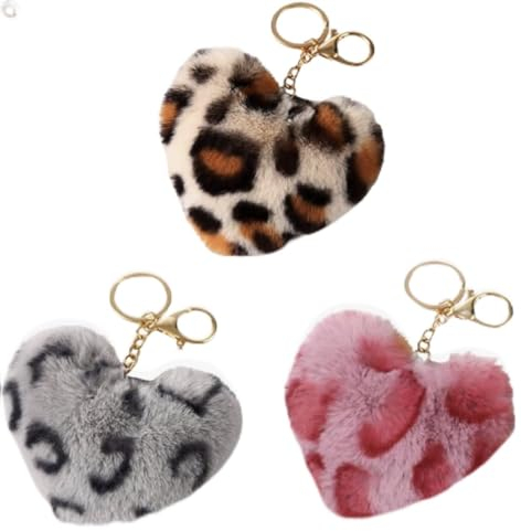 3 x Pom Pom Style Animal Leopard Print Fluffy Furry Keychains | 3 Styles Included - Classic - Grey - Pink | Soft Cute Colourful Keyring | Plush Faux Fur | Heart Shape | Can be attached to Keys or Bag