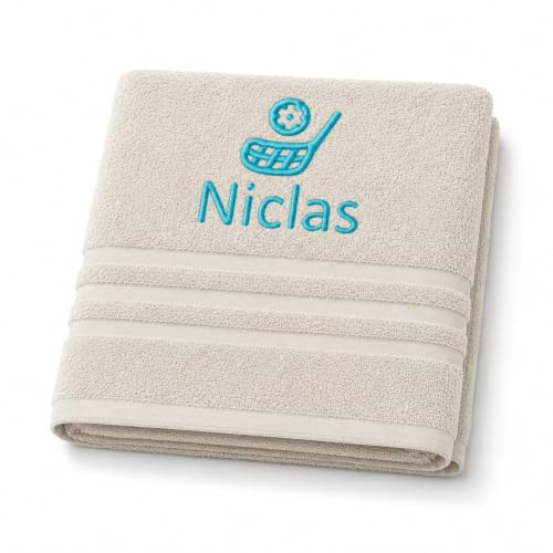 Pet-Jos Personalisiertes Handtuch mit Namen Schön gestickter Sport Name Handbadetuch 100% Baumwollhandtuch Sportliche Motive Personalized Custom Towel with Name (140 x 70 cm, Unihockey)