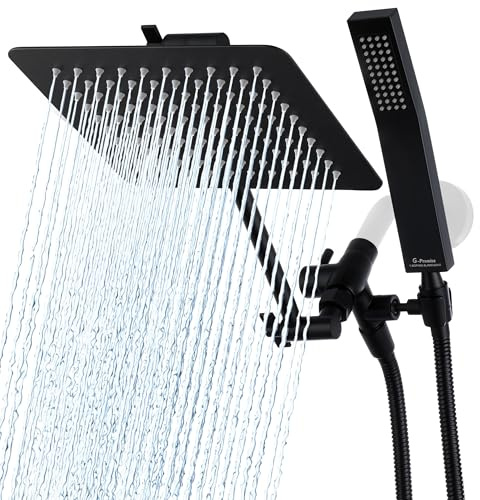 G-Promise Pommeau de douche carré double en métal | Pomme de douche à effet pluie de 25,4 cm | Baguette de douche à main avec tuyau flexible de 180,3 cm de long | Inverseur lisse à 3 voies | Bras