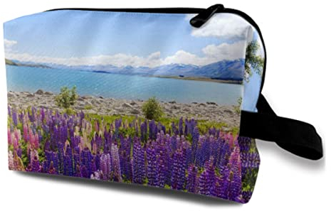 Damen-Make-up-Tasche, Feld der Lupinen-Wildblumen am Ufer des Lake Tekapo in Neuseeland, Reise-Kosmetiktasche, Reise-Kulturtasche