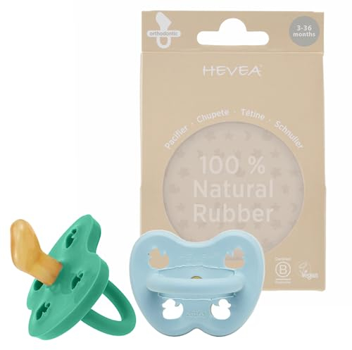 HEVEA Naturkautschuk Schnuller Kiefergerechte Form, 3-36 Monate - hygienisches einteiliges Design für Neugeborene bis Kleinkinder, BPA-frei, weich & langlebig - 2Pack (Himmelblau & Smaragdgrün)