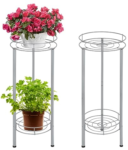 Shinoske 2 Packungen Pflanzenständer für drinnen und draußen, 2 Etagen, rostfrei, Eck-Blumentopfständer, 70 cm hoch, Blumenständer für Garten, Terrasse, Wohnzimmer, Ecke, Büro (Silber)