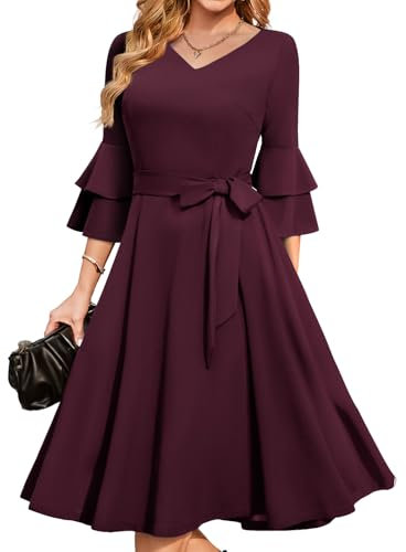 DRESSTELLS Damen Audrey Hepburn Kleid mit niedlichen Ärmeln Elegant Party Cocktail Formal Hochzeitsgast LangarmAbendkleid 50er Jahre Kleider Burgundy M