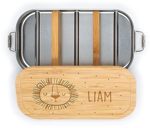 Kidsmood- Personalisierte brotdose mit Bambusdeckel, Individuelle Edelstahl lunchbox für kinder mit Wunschnamen, Ideal für Schule und Kindergarten, personalisierte Geschenke Kinder