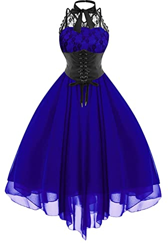 Damen Ärmellos Gothic Spitzenkleid 80er Jahre Fasching Korsett Halfter Spitze Swing Cocktail Damen Gothic Kleidung