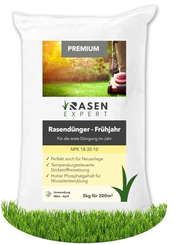 Premium Rasendünger Frühjahr 5kg - Fläche 200m² - Ideal für Frühjahr und Sommer - geeignet für Streuwagen - staubarmes Granulat