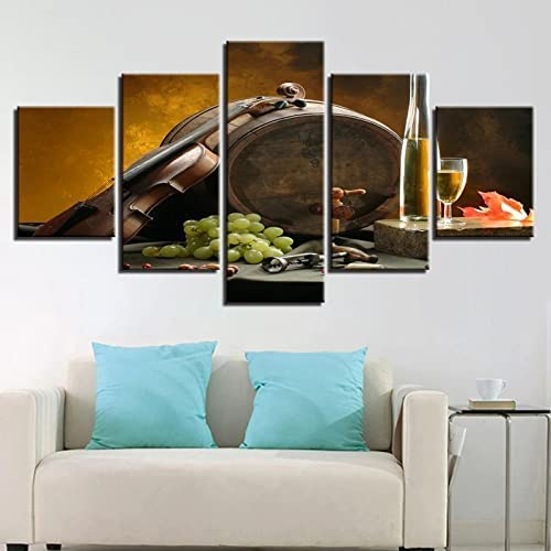 Leinwand Wandkunst Leinwanddrucke Malerei 5 Tafeln Stücke Mehrere Bilder, Weinfass Geige Trauben Rahmenlos 200 X 100 Cm Giclée-Druck Auf Leinwand, Poster, Wanddekoration, Geschenke Für Wohnz -0F5L+J4