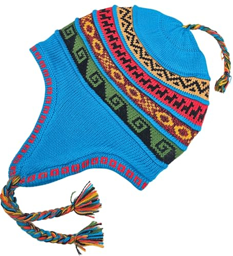 Alpaka Mützen für Damen und Herren Peruanische Beanie Warme Wintermütze mit Ohrenklappen Alpaka Fleece Gefüttert, Azul Claro, Einheitsgröße