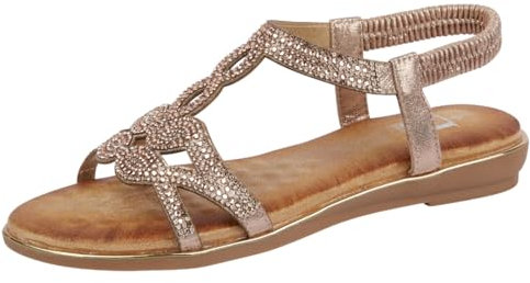 Shoes By Emma Ladies Diamante T-bar Slingback Flat Sandals - Santorini- Rose Gold - UK 5