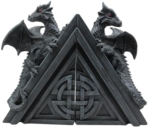 G&H Decor - 40cm Dragon Book Ends - Grey Resin Gothic Statue Shelf Decor - Amazing Hand Painted Castle Bookends - Set of 2 Heavy Duty Mythic Fantasy Dragons - Home Office Bookshelf Figurine Decoations