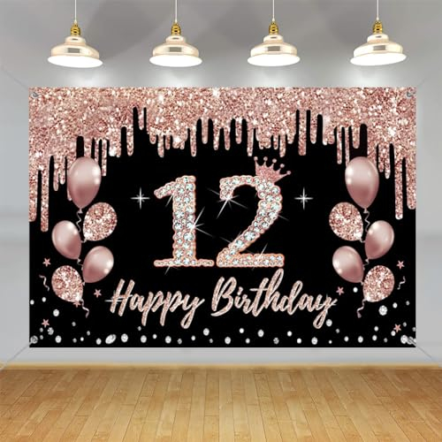 Décorations de 12e anniversaire pour filles, décoration de fête noire et or rose, panneau en tissu à suspendre, bannière de bienvenue pour 12e anniversaire