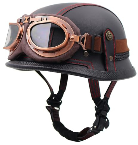 Vintage Leder Deutschen Stil Jethelm Motorradhelm,Brain-Cap Halbschalenhelm Roller-Helm Mit ECE-Zulassung Cruiser Chopper Scooter Helm Mit Goggles Offener Helm Halbhelme 7,M:57-58CM
