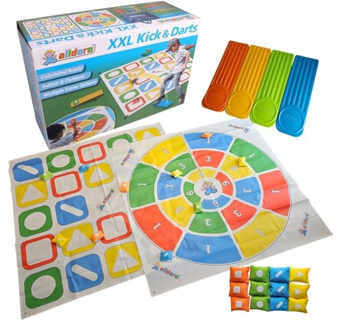 alldoro 60058 XXL Kick und Darts, 2 in 1-Geschicklichkeitsspiel, 1-4 Spieler für Kinder ab 3 Jahren, Mehrfarbig, 160 x 160 cm