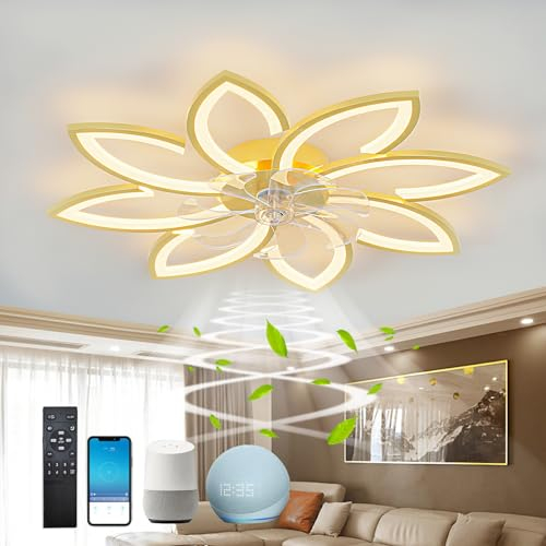 35.4Inch Ceiling Light with Fan and Remote,Alexa Smart Ceiling Fans with Lamps,Flower Shape Design,App Dimmable,DC,Summer & Winter Mode,for Living Room