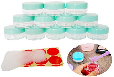 Wopanxye 12 recipientes de cosméticos de viaje de 10 gramos, tarros de muestra vacíos de 10 ml con tapas, recipientes de maquillaje de plástico sin BPA, para sombra de ojos, loción de baño, crema