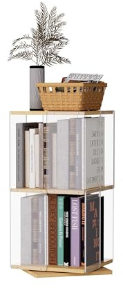 tonchean Drehbares Bücherregal, 2-stöckiges Acryl-Bücherregal, transparent, bodenstehend, Vitrine, Bambus, Bücherregal, Regal für Klassenzimmer, Spielzimmer, Schlafzimmer, Wohnzimmer