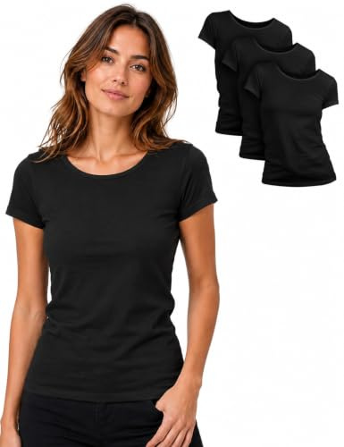 Basic Treasure Lot de 2 ou 3 T-Shirts Femme, Coton, Col Rond, Uni, S à XL | Doux, Respirant et Extensible, Sans Étiquette Gênante, Coupe Ajustée, Taille Plutôt Petit