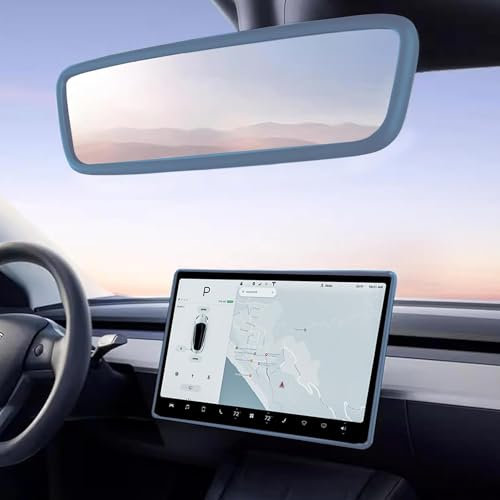 TSTESE 2PCS Protector Trim Frame Compatible with Tesla Model 3 Model Y (2019-2024) Screen Edge Frame Rearview Mirror Cover Interior Silicone Decorations Center Console Decor Accessories (Blue)