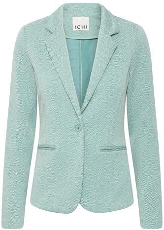 ICHI IHKATE Jacquard Damen Blazer Jackenklazer mit Reverskragen Paspeltaschen V-Ausschnitt 1-Knopf-Form leicht elastisch Slim fit, Größe:L, Farbe:Beryl Green/Almond Herringbone (204260)