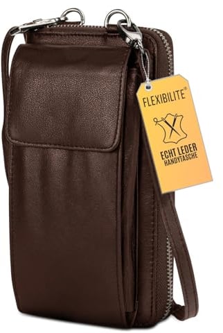 FLEXIBILITE® Handytasche Zum Umhängen Mit Portemonnaie (Handyfach 18×9×3 cm - Tasche 20×12×5 cm) - Echt Leder Handy-Umhängetasche Damen - Handytasche Mit Geldbörse - 220 g - Cognac [2026]