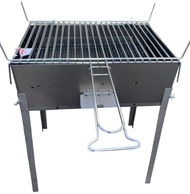 Barbecue in ferro con griglia in acciaio, con coperchio richiudibile, piedi estraibili, per legna o carbone, portatile (40x30 cm)