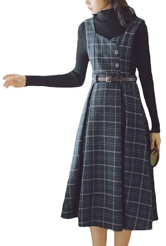 Cuteighteen Ärmelloses, kariertes Kleid mit Gürtel für Damen, Herbst, Winter, Wolle, elegant, Midi-Overall, Schürze, Marineblau, Groß