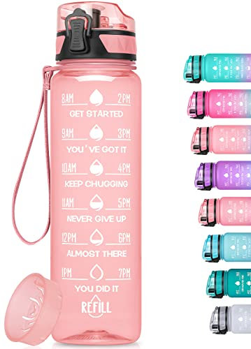 HydroPal Botella Agua, 1 Litro Botella Agua Gimnasio sin BPA con Marcador de Tiempo & Filtre, Plastico Botella de Agua Deportiva para Gym, Oficina, Escuela (Rosa)